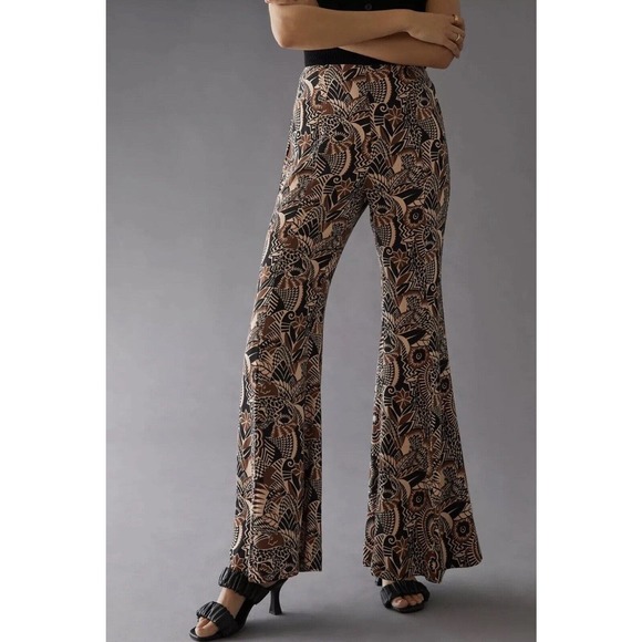 ANTHROPOLOGIE DRAPEY WIDE FLARE MOD TROPICAL PRINT WOVEN PANTS BROWN 8 Lainey - Picture 1 of 9